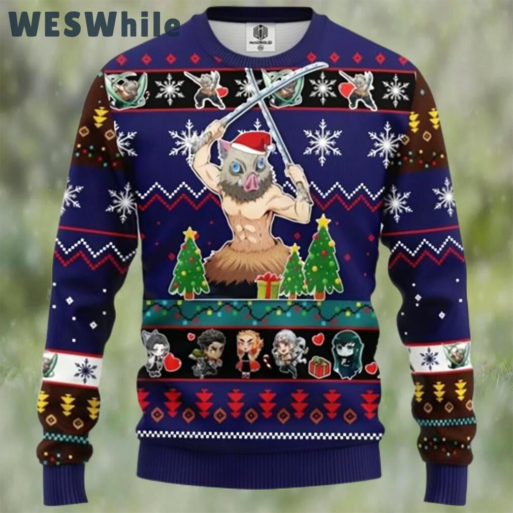 Inosuke hashibira blue demon slayer chibi demon slayer ugly christmas sweater Christmas Ugly Sweater