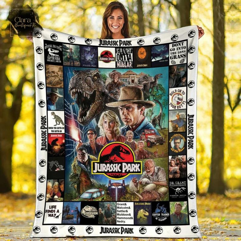 Jurassic park movie fleece blanket, mink sherpa blanket, jurassic park blanket, fossil dinosaur quilt, science fiction action film blanket Quilt Blanket