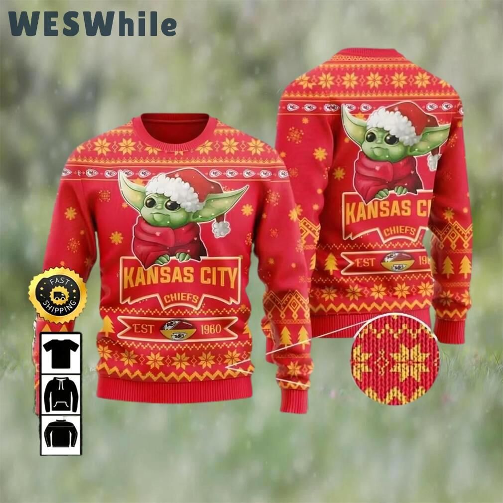 Kansas city chiefs est 1960 baby yoda ugly christmas sweater, faux wool sweater, national football league, gifts for fans football nfl, football 3d ugly sweater ? prinvity Christmas Ugly Sweater