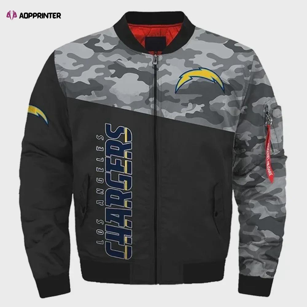 Los angeles chargers camo pattern bomber jacket – black and gray Bomber Jacket