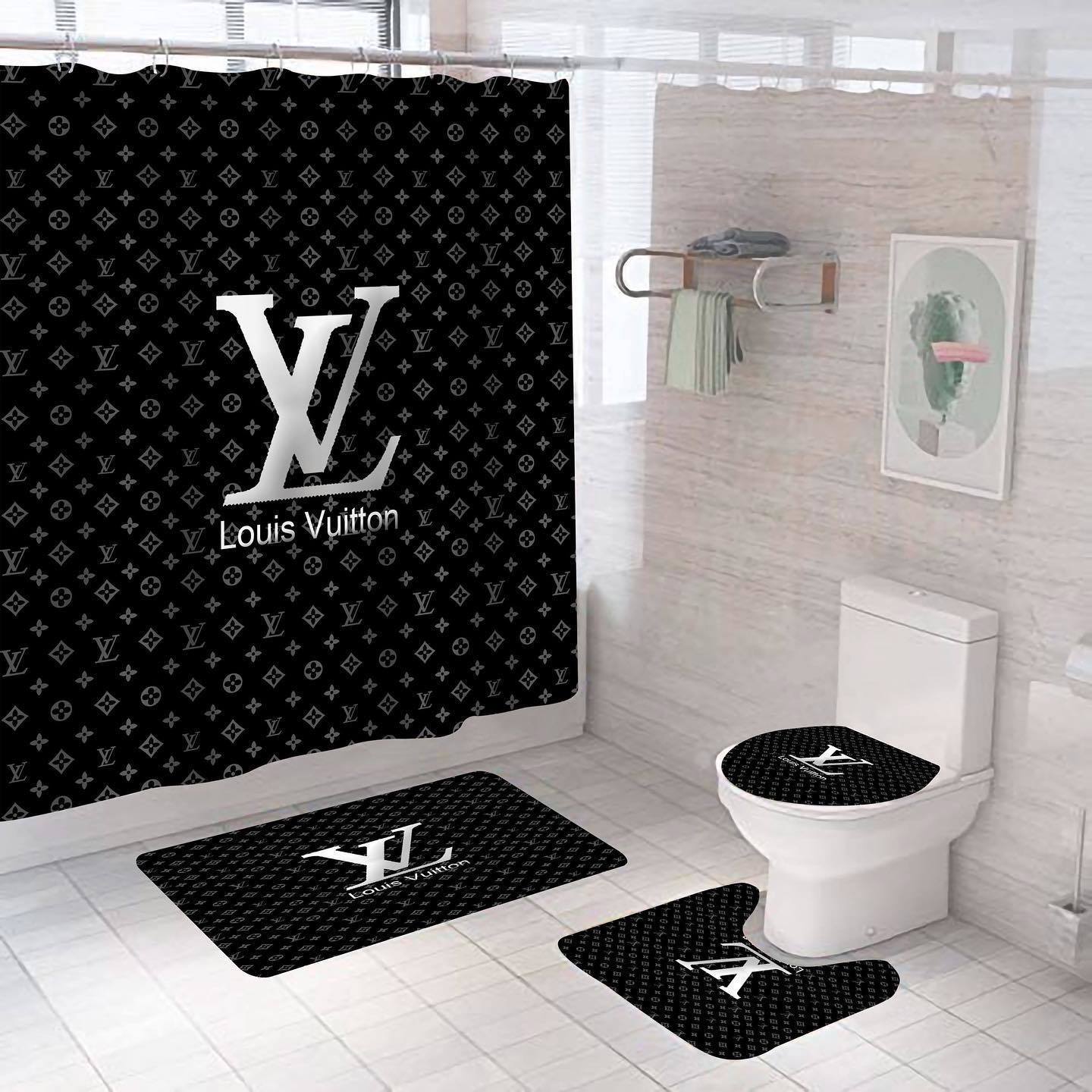 Louis vuitton black fashion luxury brand premium bathroom set shower curtain bath mat set home decor Bathroom Set