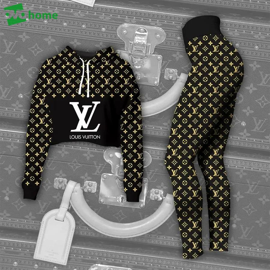 Louis vuitton black gold luxury brand clothes premium leggings and crop top set for women Croptop Hoodie Legging Set