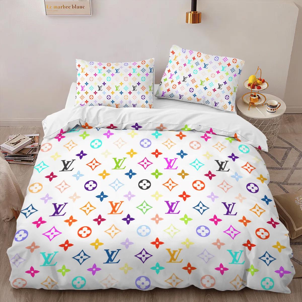 Louis vuitton colorful limited edition luxury brand bedding sets bedspread duvet cover set, bedroom decor , thanksgiving decorations for home best luxury bed sets gift thankgivings and christmas Bedding Sets