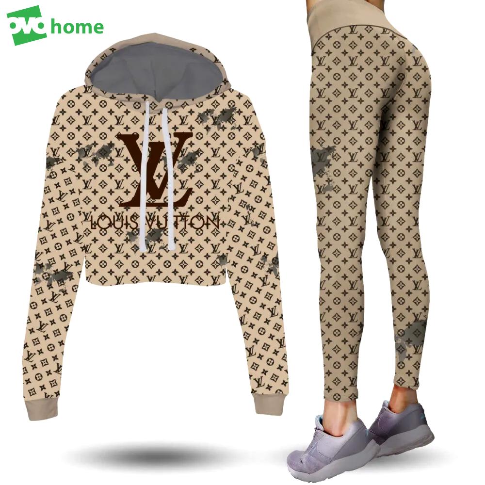 Louis vuitton cream luxury brand clothes leggings and crop top set for women Croptop Hoodie Legging Set