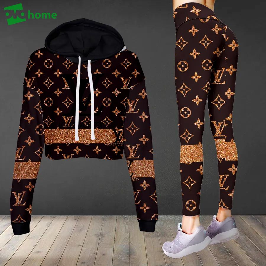 Louis vuitton golden logo luxury brand clothes leggings and crop top set for women Croptop Hoodie Legging Set