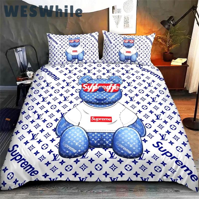 Louis vuitton lv bear supreme luxury brand bedding sets bedspread duvet cover set, bedroom decor , thanksgiving decorations for home best luxury bed sets gift thankgivings and christmas Bedding Sets