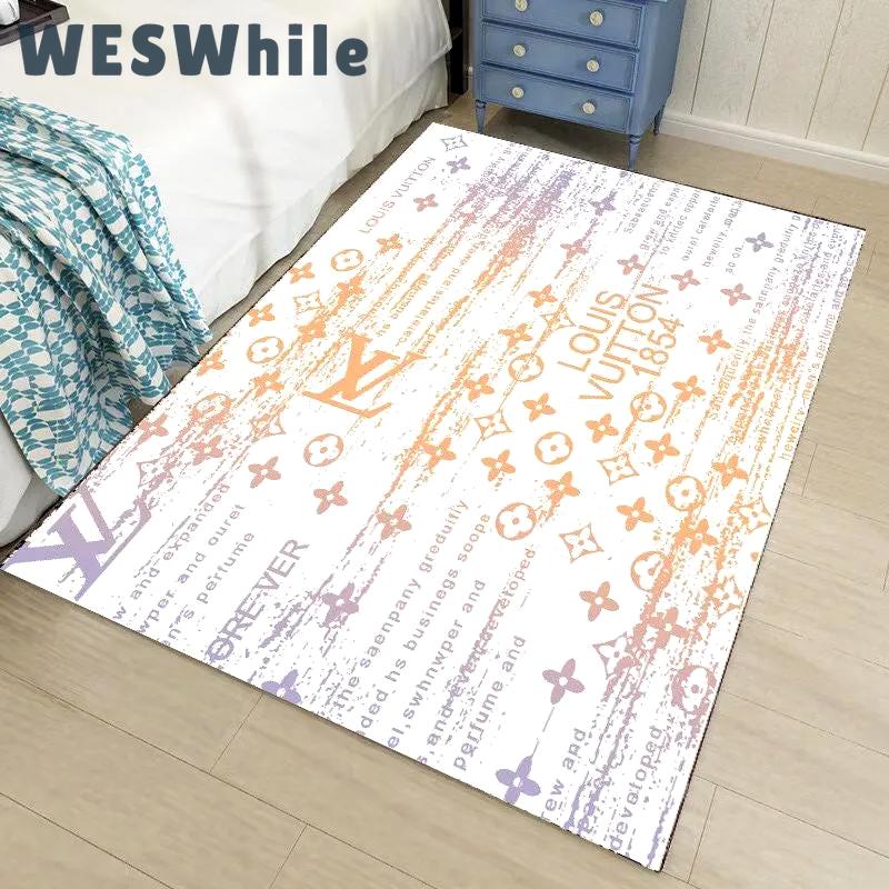Louis vuitton lv white logo type 391. Upgrade Your Living Room with Luxury Home Decor: Area Carpets, Floor Decor, Door Mats, and Hot Gift Items with style a High-End Fashion Brand Rectangle Rug