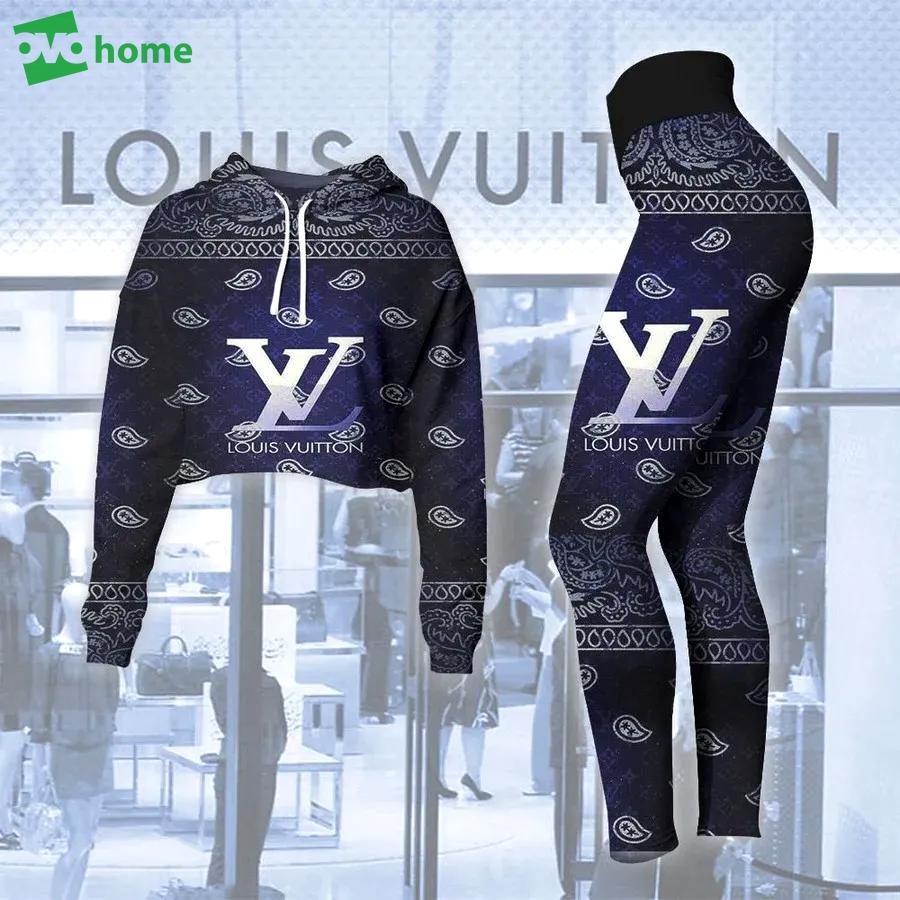 Louis vuitton pattern dark blue luxury brand clothes leggings and crop top set for women Croptop Hoodie Legging Set