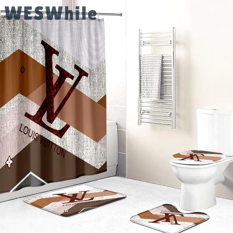Louis vuitton shower curtains striped beige logo full bathroom sets 371 Bathroom Set