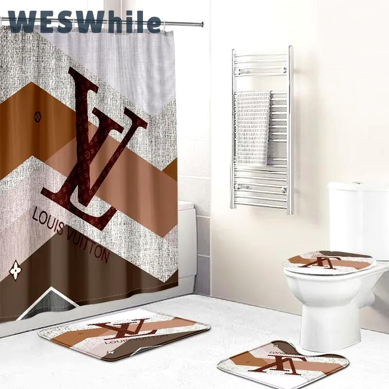 Louis vuitton shower curtains striped beige logo full bathroom sets 372 Bathroom Set
