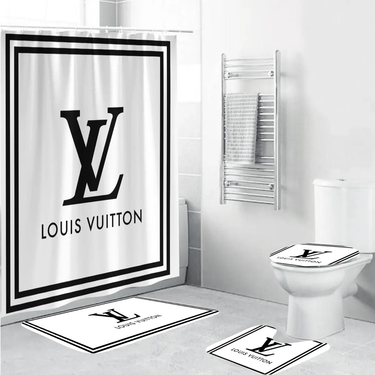 Louis vuitton white fashion luxury brand premium bathroom set & shower curtain home decor 8 Bathroom Accessory Sets
