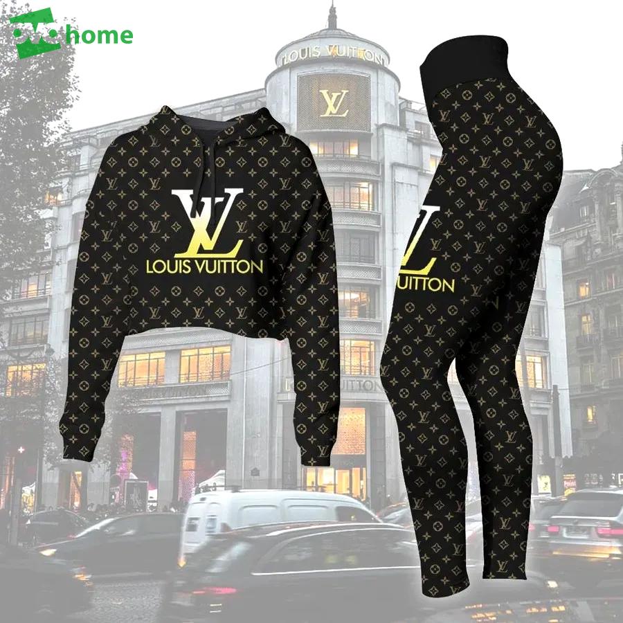 Louis vuitton yellow logo black luxury brand clothes premium leggings and crop top set for women Croptop Hoodie Legging Set