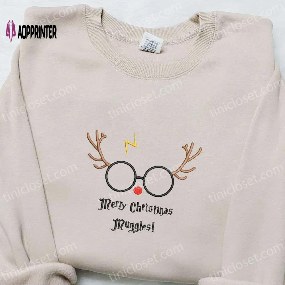 Merry christmas muggle harry potter reindeer shirt & hoodie – best family gifts Embroidered Shirt