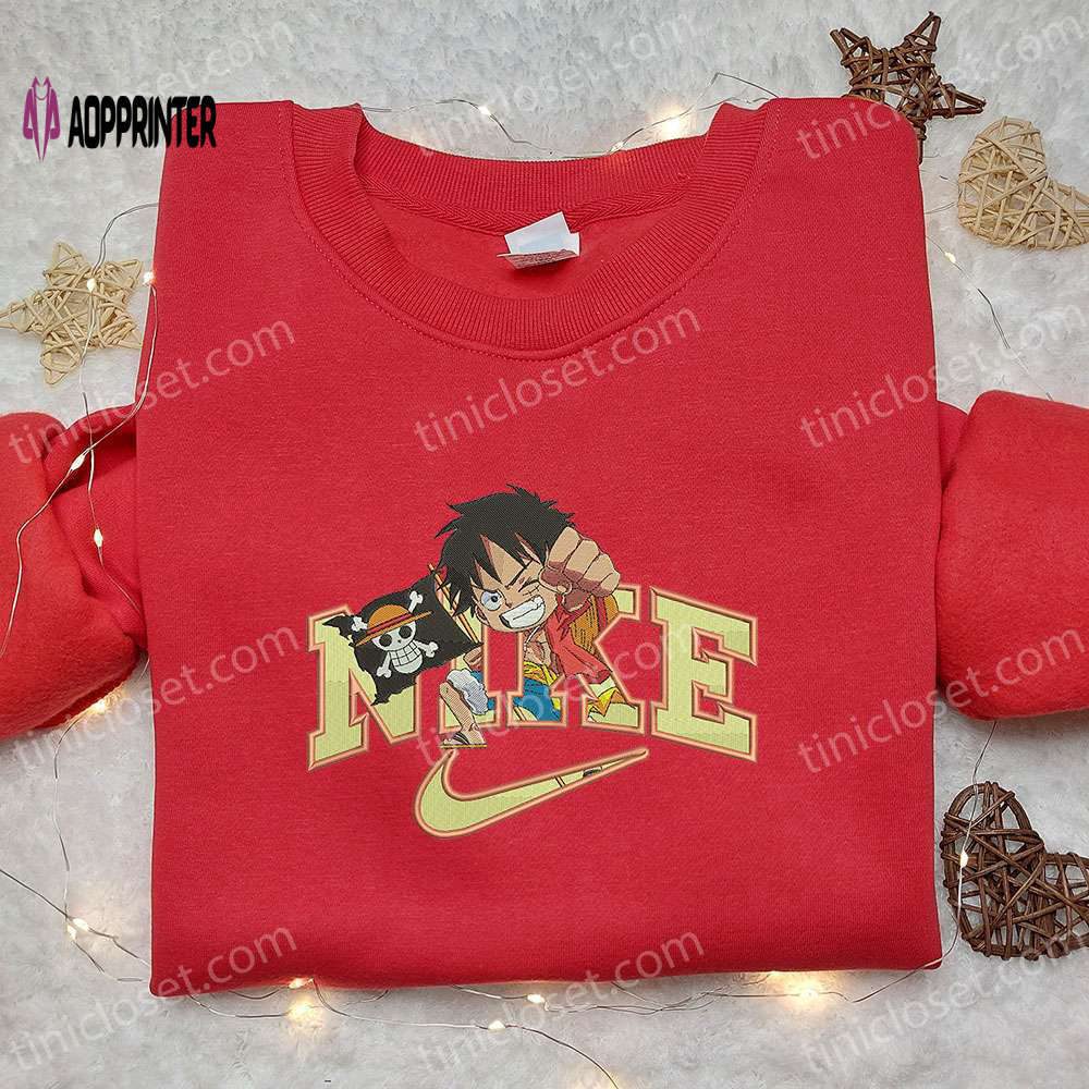 Monkey d luffy kid x nike anime embroidered hoodie & shirt: one piece inspired nike swoosh apparel Embroidered Shirt