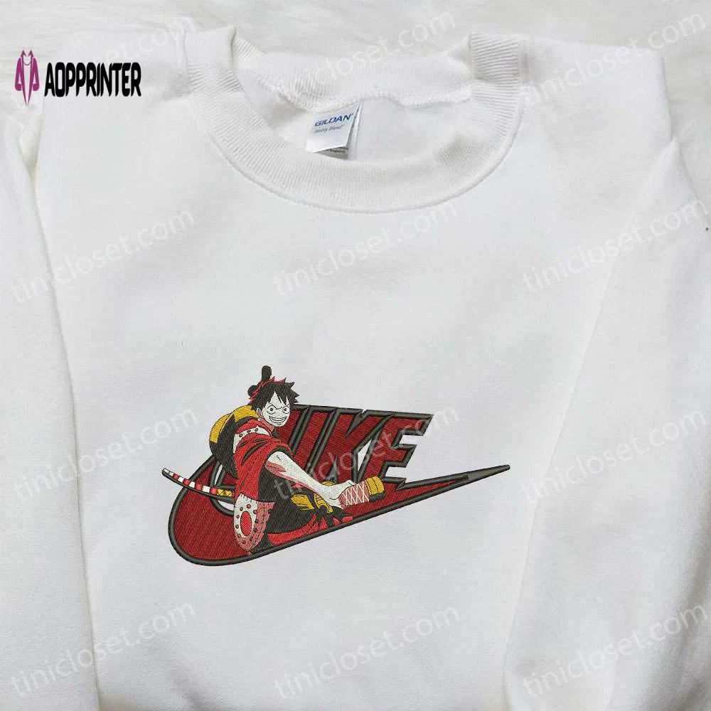 Monkey d luffy wano arc x nike embroidered anime tshirt – one piece & nike inspired shirt Embroidered Shirt