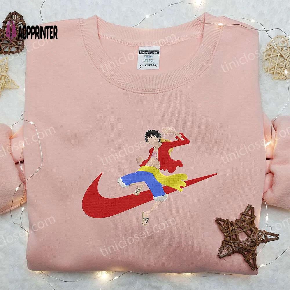 Monkey d luffy x nike swoosh anime embroidered hoodie & shirts – one piece & nike inspired attire Embroidered Shirt