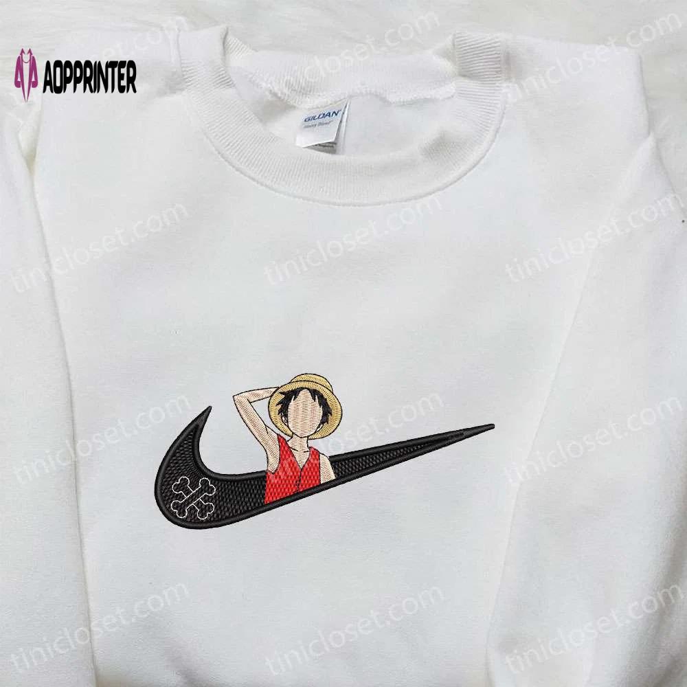 Monkey d luffy x nike swoosh embroidered anime tshirt: one piece & nike inspired shirt Embroidered Shirt