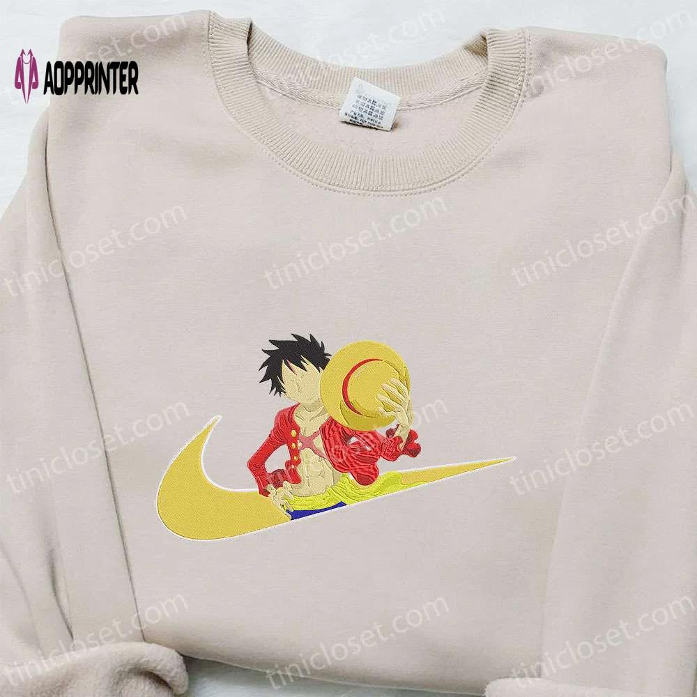 Monkey d luffy x swoosh anime embroidered sweatshirt: nike inspired hoodie perfect birthday gift Embroidered Shirt