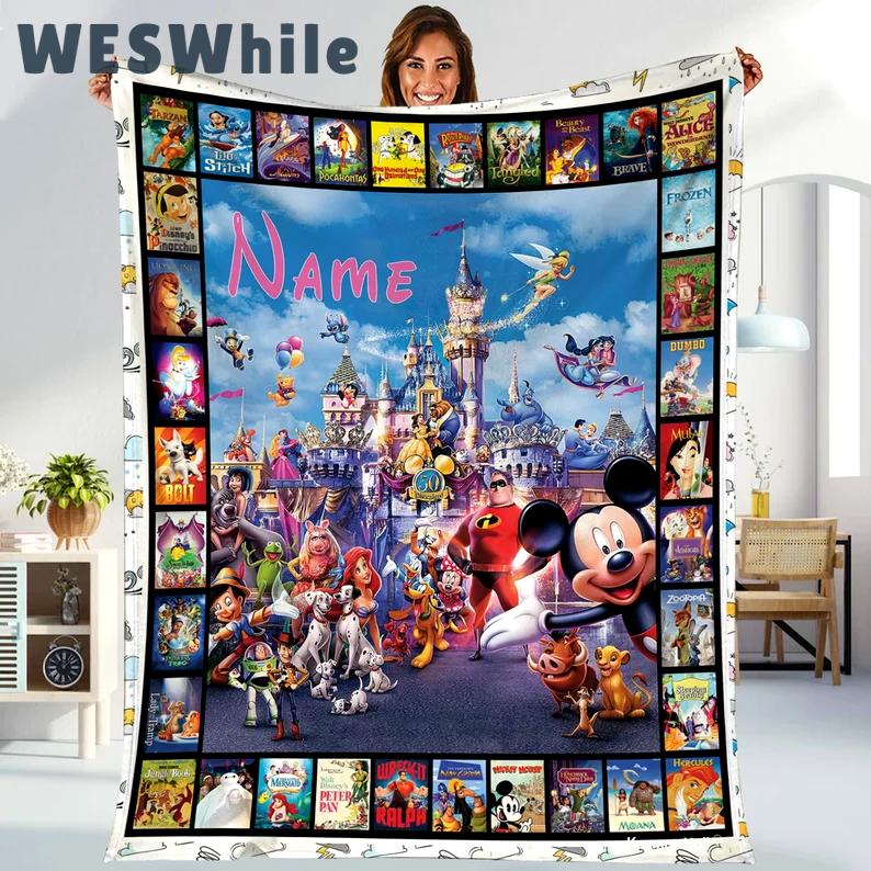 Movies characters blanket, walt world fleece blanket, couch sofa blanket quilt, magic kingdom, birthday gifts Quilt Blanket