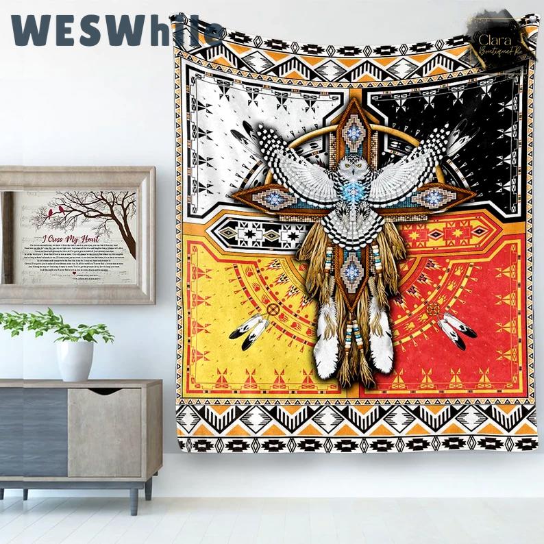 Native american great horned owl mandala fleece blanket, mink sherpa blanket, gift for american people, native american blanket Quilt Blanket