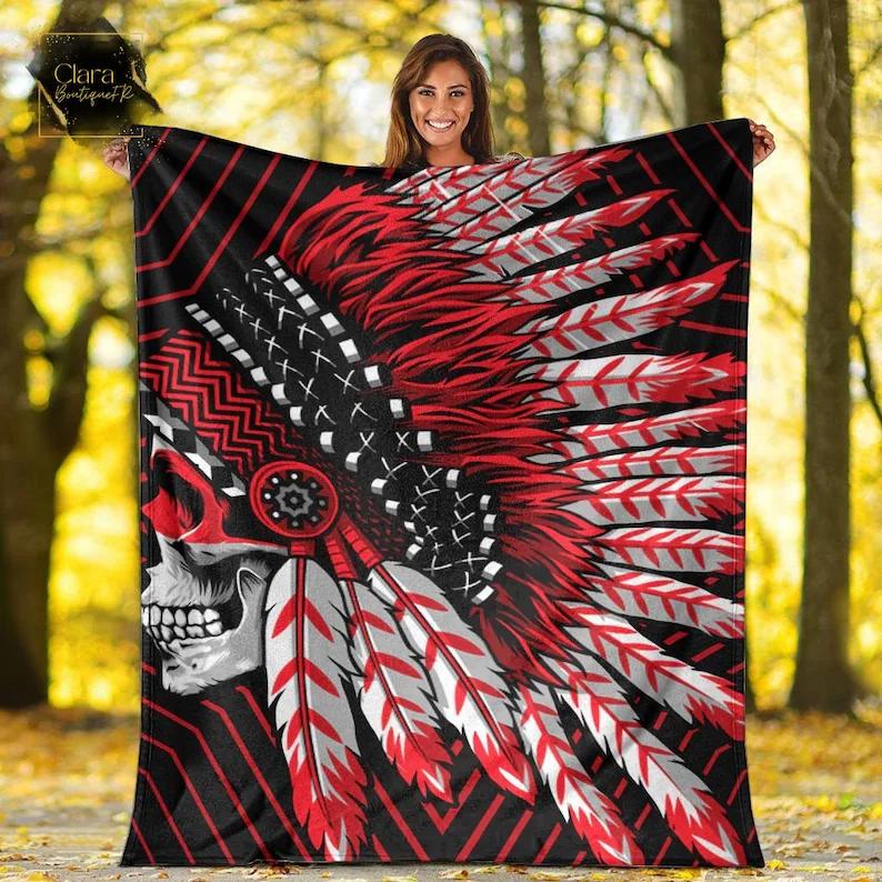 Native american indian skull red feather headdress fleece blanket, mink sherpa blanket, native american quilt, chief blanket Quilt Blanket