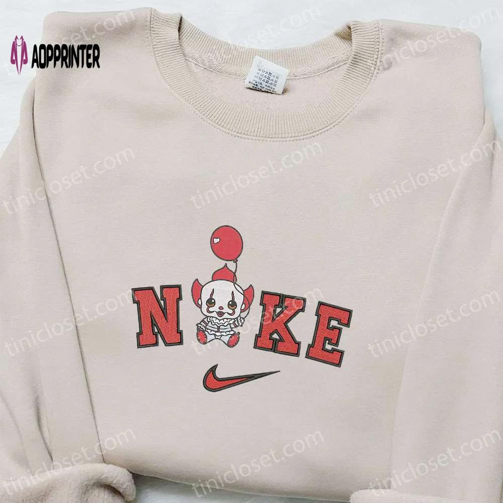 Nike x baby clown pennywise embroidered hoodie – funny halloween sweatshirt & t-shirt: spooky nike inspired embroidery Embroidered Shirt