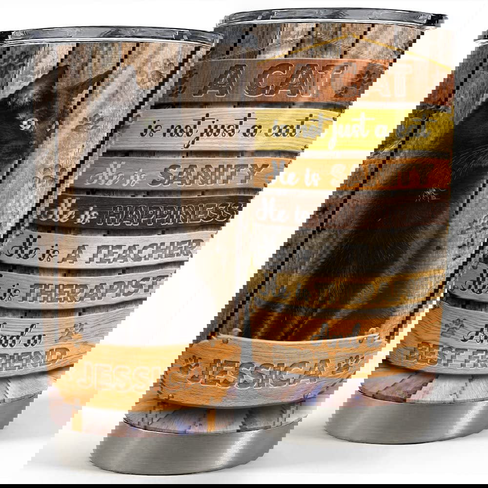 Personalized black cat tumbler inspiration wood style for animal lover Personalized Tumbler