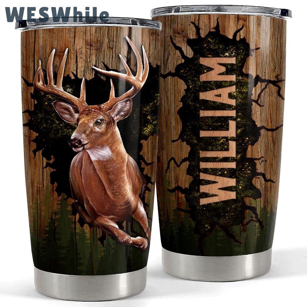 Personalized deer tumbler with customize name wood drawing Personalized Tumbler