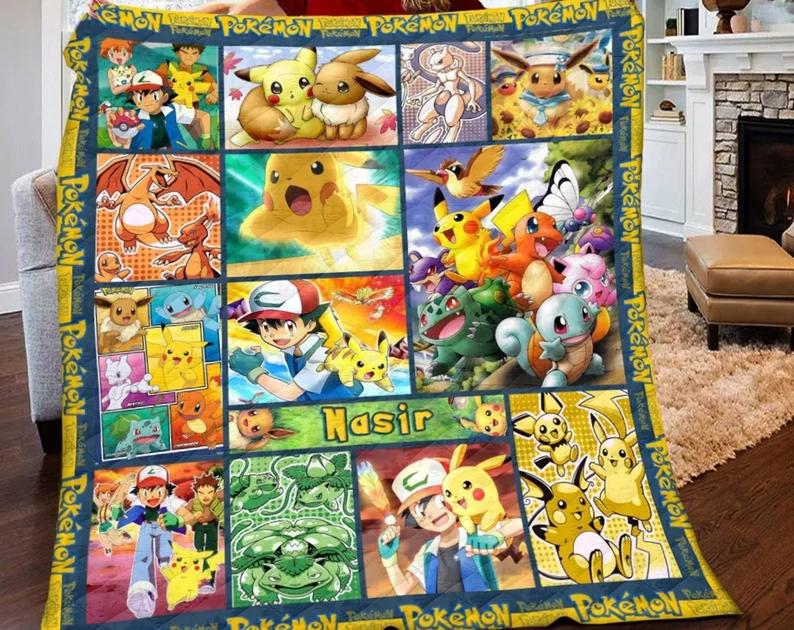 Personalized eevee evolutions blanket, pikachu and eevee fleece blanket, anime couch sofa blanket, pikachu eevee charmander snorlax gift Quilt Blanket