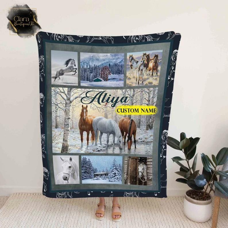 Personalized name horse fleece blanket, mink sherpa blanket, horse gift for little girls boys, horse lover gift, horse quilt Quilt Blanket