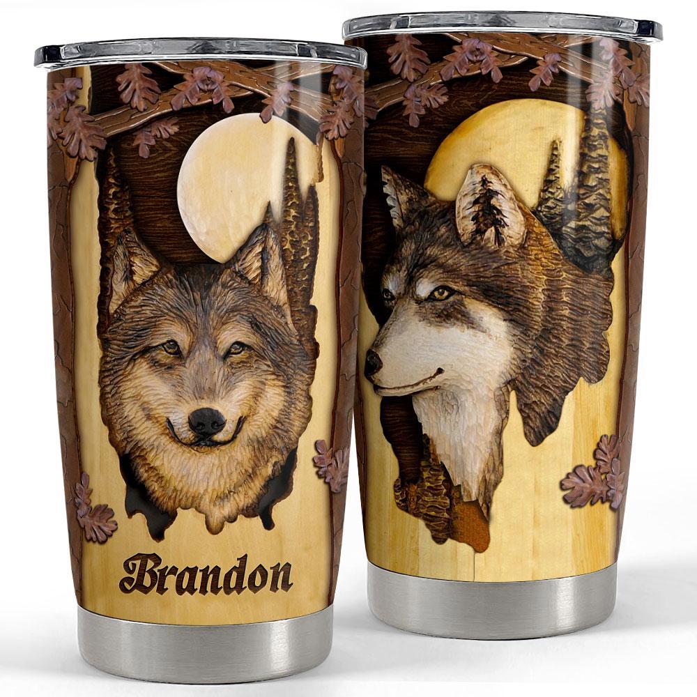 Personalized wolf tumbler wood drawing style Personalized Tumbler