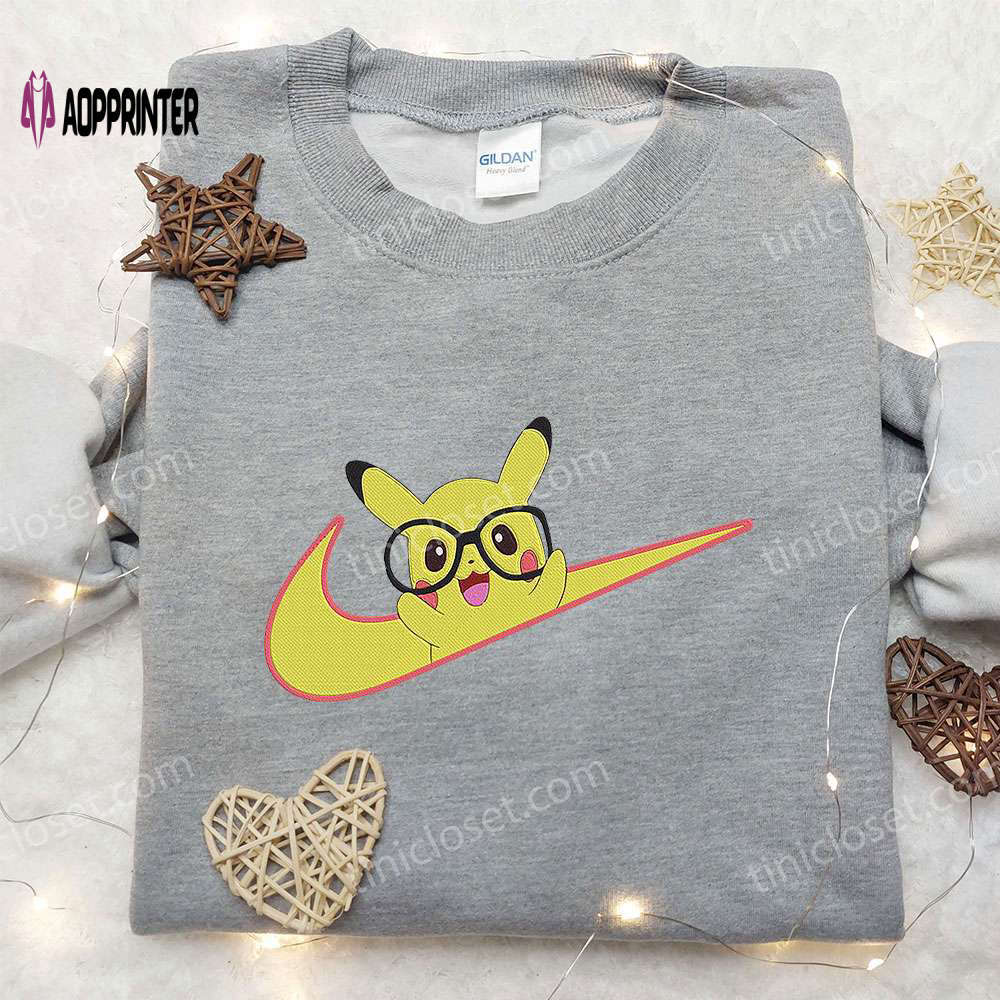 Pikachu x nike swoosh anime embroidered hoodie & pokemon nike inspired embroidered shirt Embroidered Shirt