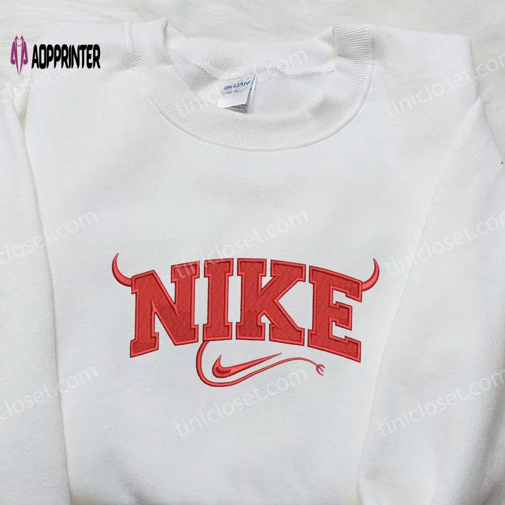 Red devil x nike embroidered shirt: spooky halloween custom design Embroidered Shirt