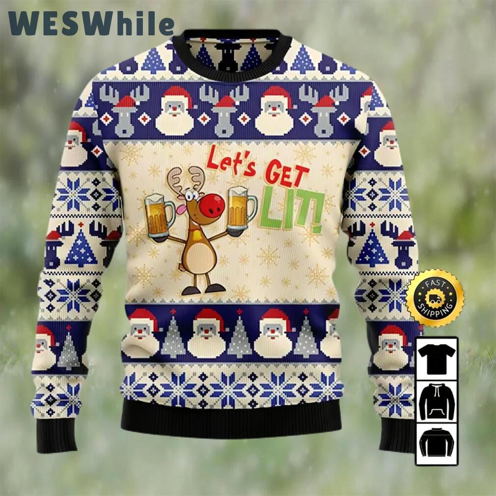 Reindeer let?s get lit beer ugly christmas sweater, faux wool sweater, international beer day, gifts for beer lovers, best christmas gifts for 2022, santa claus Christmas Ugly Sweater