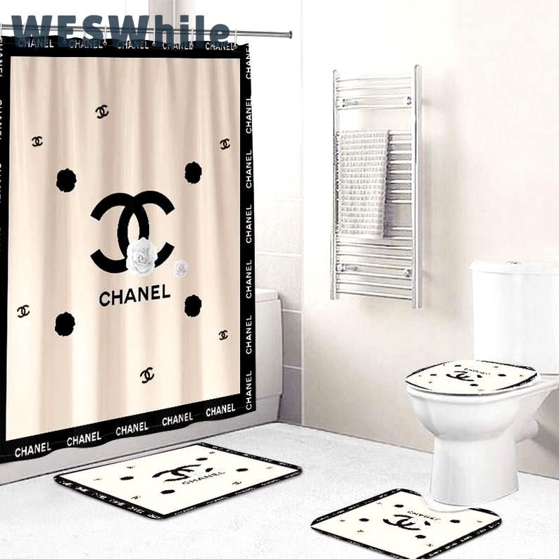 Rugs in living room and bedroom - Chanel beige bathroom set hot 2023 luxury shower curtain bath rug mat home decor 245 Bathroom Accessory Sets