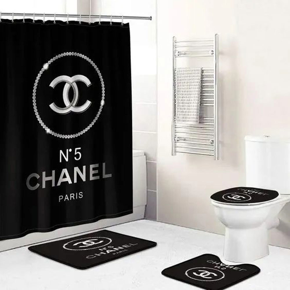 Rugs in living room and bedroom - Chanel paris bathroom set hot 2023 luxury shower curtain bath rug mat home decor 268 Bathroom Accessory Sets