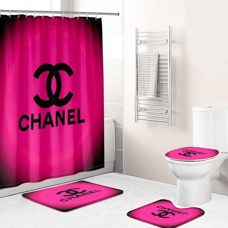 Rugs in living room and bedroom - Chanel pink bathroom set hot 2023 luxury shower curtain bath rug mat home decor 244 Bathroom Accessory Sets