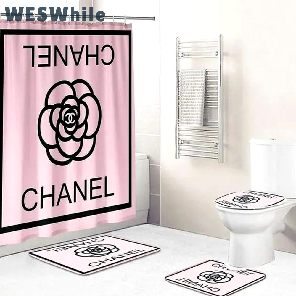 Rugs in living room and bedroom - Chanel pink bathroom set hot 2023 luxury shower curtain bath rug mat home decor 322 Bathroom Accessory Sets