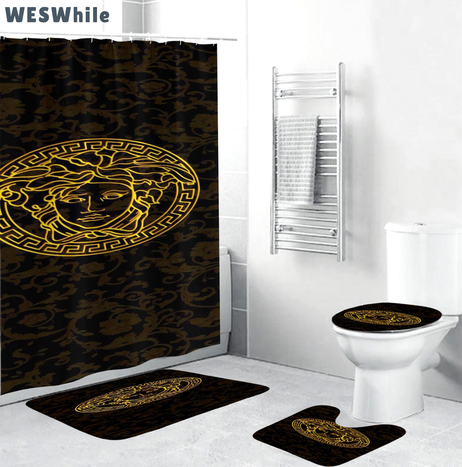 Rugs in living room and bedroom - Gianni versace black bathroom set hot 2023 luxury shower curtain bath rug mat home decor 190 Bathroom Accessory Sets