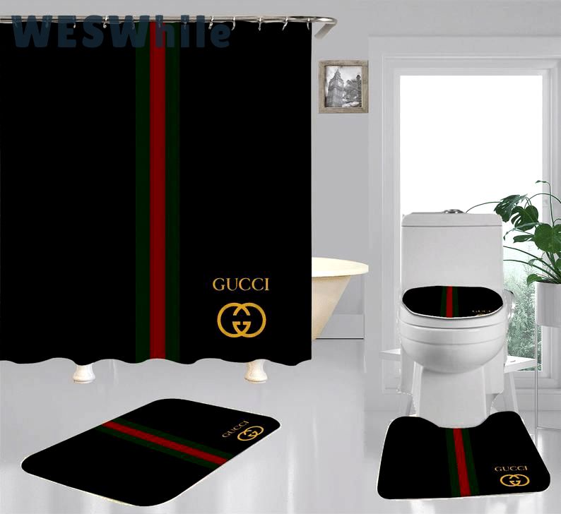 Rugs in living room and bedroom - Gucci black bathroom set hot 2023 luxury shower curtain bath rug mat home decor 195 Bathroom Accessory Sets