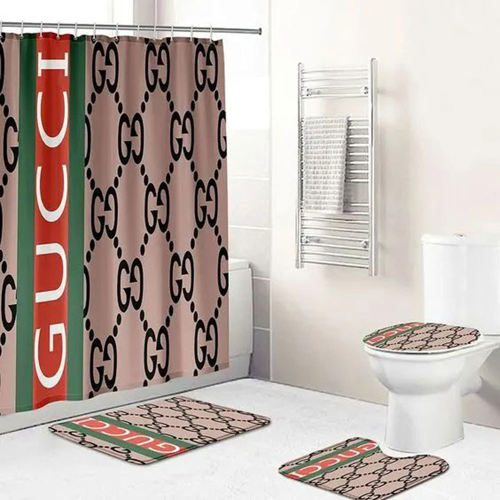 Rugs in living room and bedroom - Gucci brown bathroom set hot 2023 luxury shower curtain bath rug mat home decor 206 Bathroom Accessory Sets