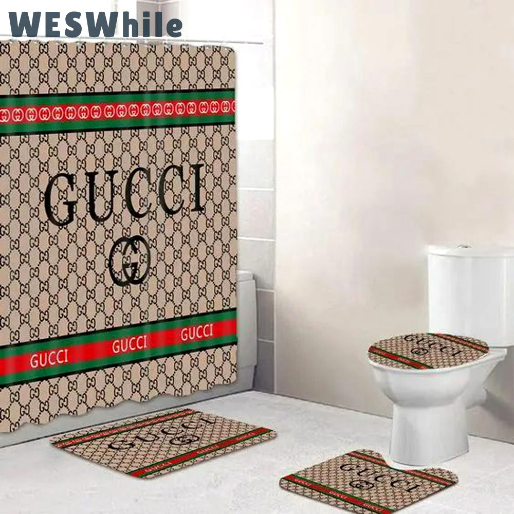 Rugs in living room and bedroom - Gucci brown bathroom set hot 2023 luxury shower curtain bath rug mat home decor 227 Bathroom Accessory Sets