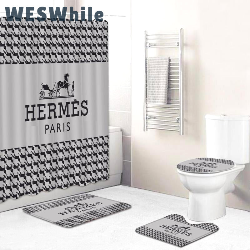 Rugs in living room and bedroom - Hermes paris bathroom set hot 2023 luxury shower curtain bath rug mat home decor 309 Bathroom Accessory Sets