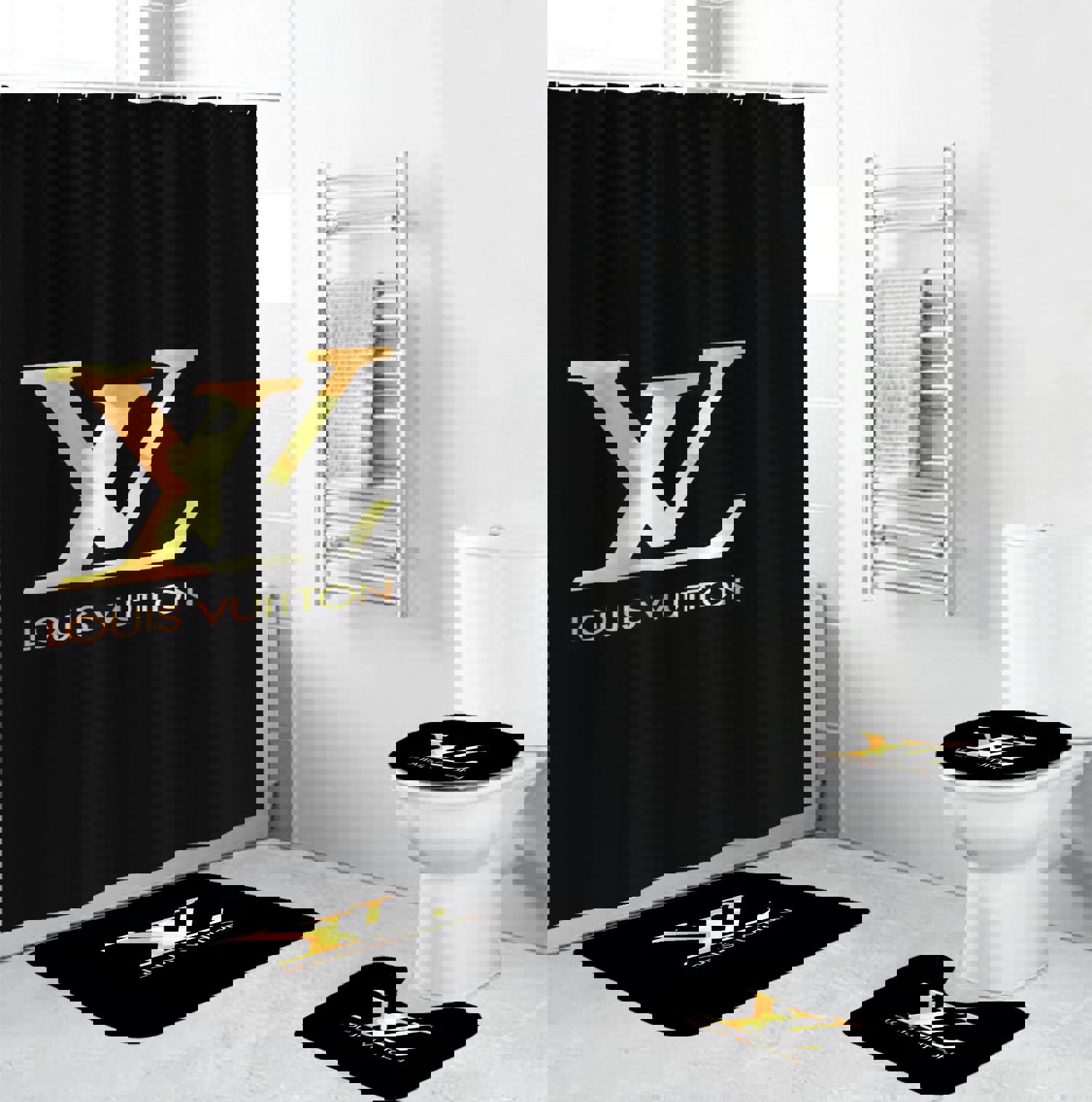 Rugs in living room and bedroom - Louis vuitton lv black bathroom set hot 2023 luxury shower curtain bath rug mat home decor 118 Bathroom Accessory Sets