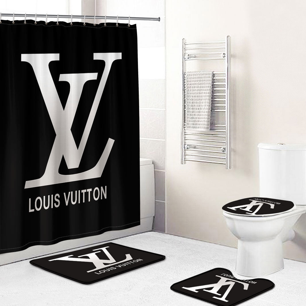 Rugs in living room and bedroom - Louis vuitton lv black bathroom set hot 2023 luxury shower curtain bath rug mat home decor 138 Bathroom Accessory Sets