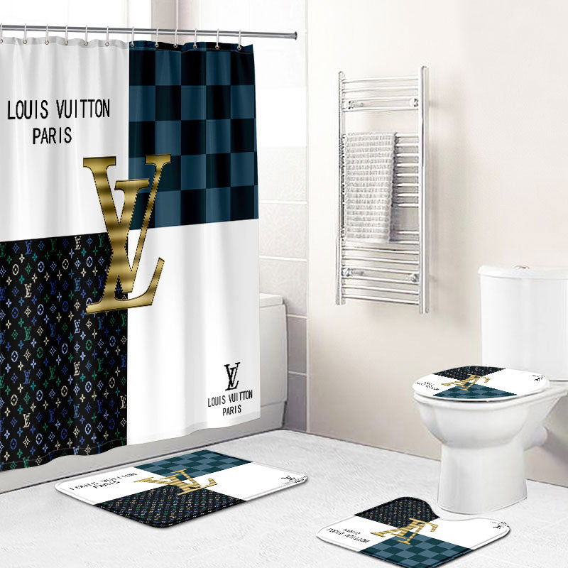 Rugs in living room and bedroom - Louis vuitton lv golden bathroom set hot 2023 luxury shower curtain bath rug mat home decor 144 Bathroom Accessory Sets