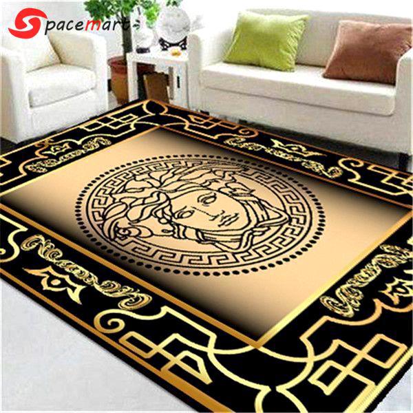 Rugs in living room and bedroom - Versace area rugs black & gold luxury hypebeast living room - rugs Rectangle Rug