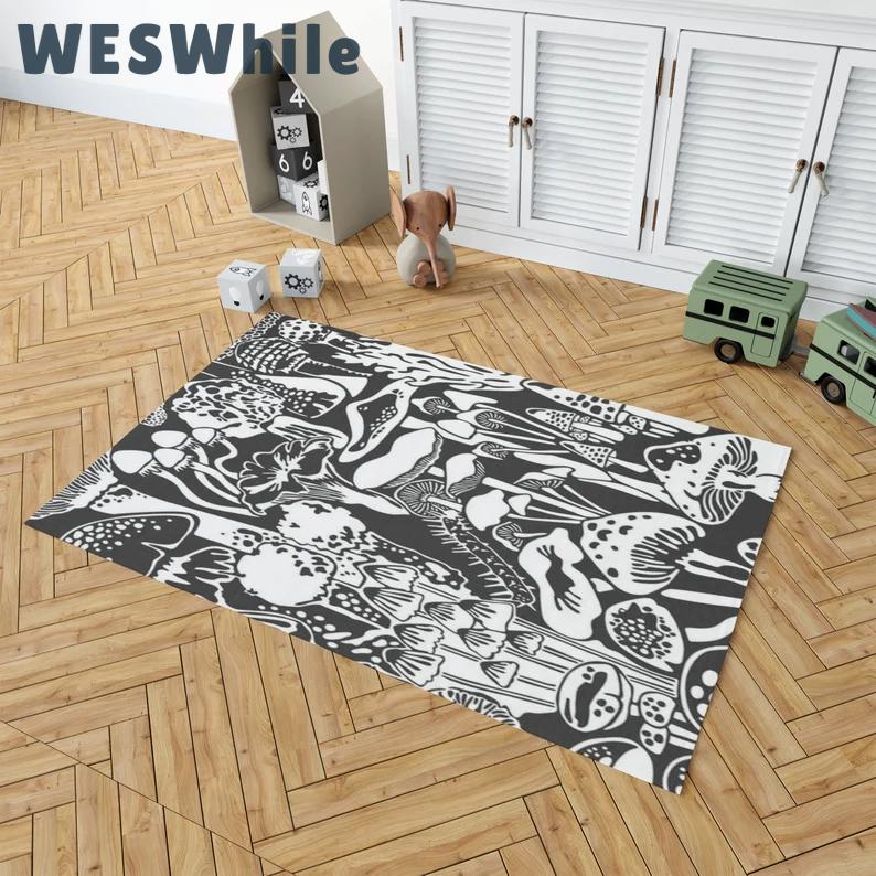 Rugs in living room and bedroom aimee wilder wallpaper - mushroom city designer contrast rug - black and white forest mushroom rug- wall decor area rug- carpet floor rug Rectangle Rug