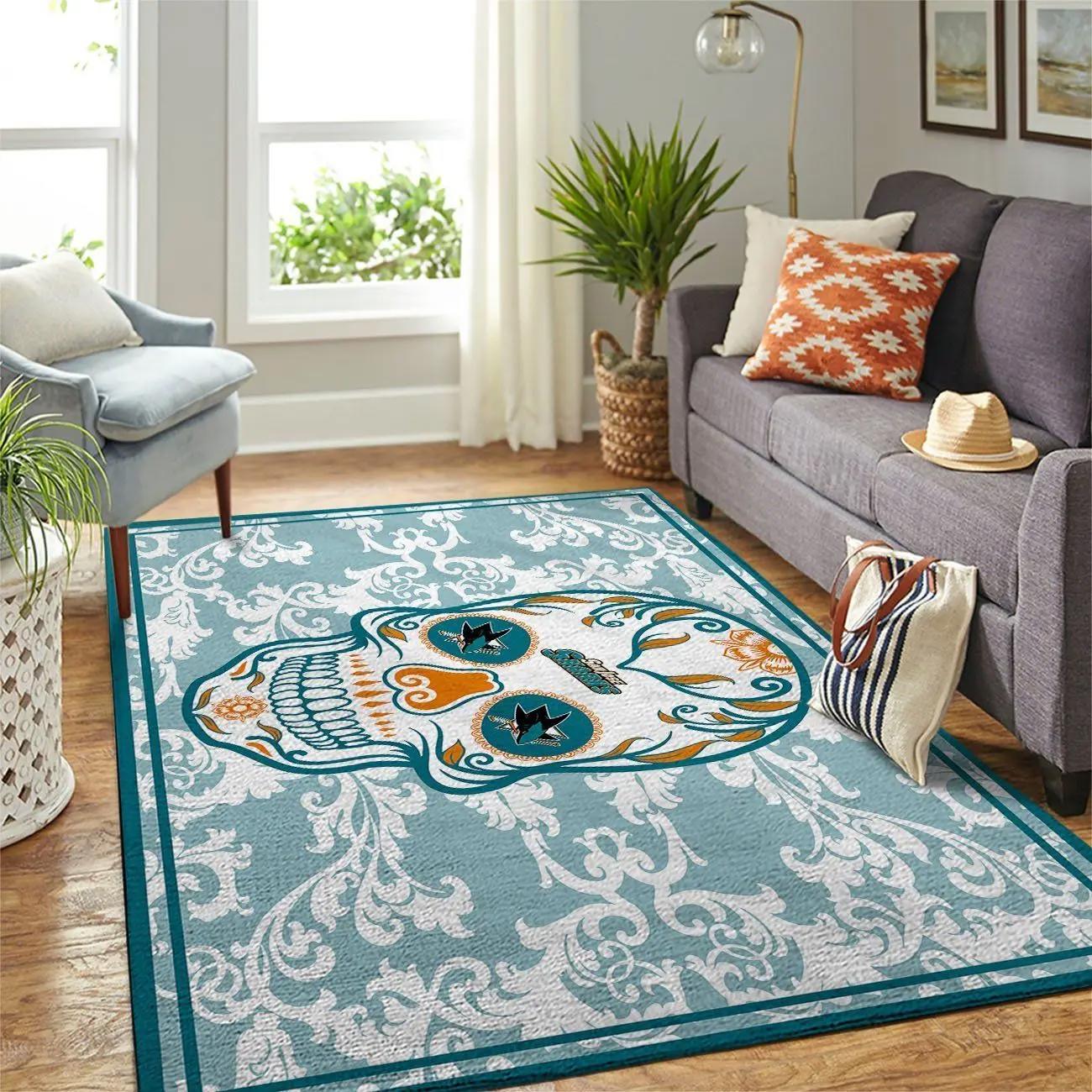 San jose sharks nhl area rugs skull flower style living room regtangle carpet Rectangle Rug