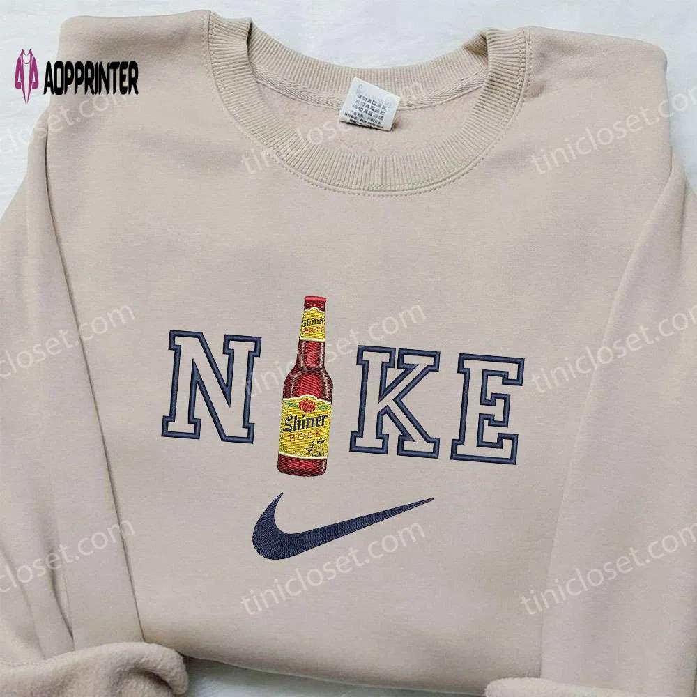 Shiner beer x nike embroidered sweatshirt: favorite drink shirt with nike inspiration Embroidered Shirt